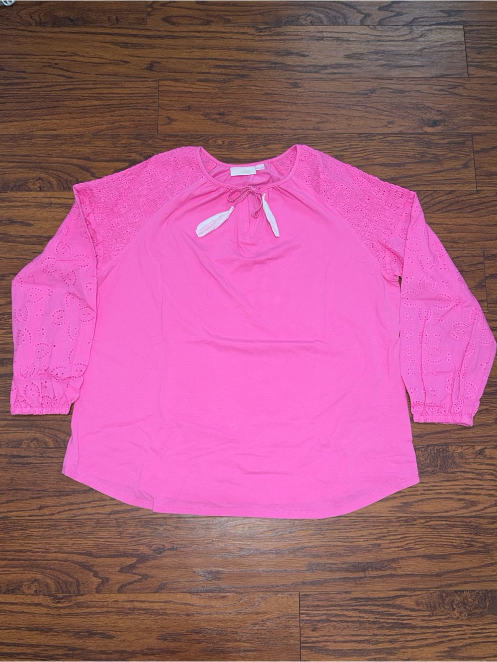 Belle by Kim Gravel Hot Pink Eyelet Sleeve Tie-Neck Tunic 1X Long Sleeve